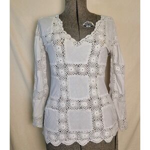 Boston Proper Ivory White Crochet Square Hippy‎ Boho Long Sleeve Top Cover up S